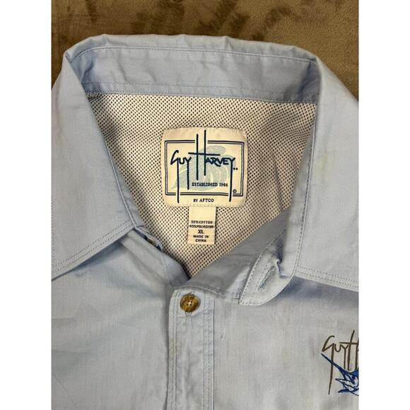 Guy Harvey Shirt XL Light Blue Fish Nylon‎ Button Up Short Sleeve Swordfish Logo - Picture 4 of 6